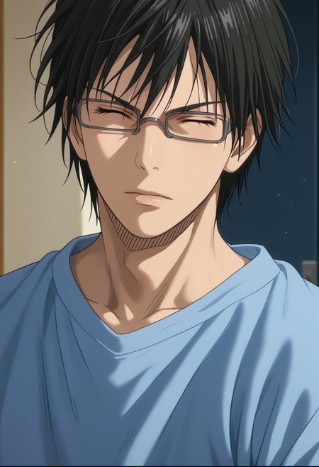 score_9, score_8_up, score_7_up, source_anime, rating_safe, ShoichiKB, black Shoichi hair, grey Shoichi glasses, closed Shoichi eyes, 1boy, male focus, anime screencap,