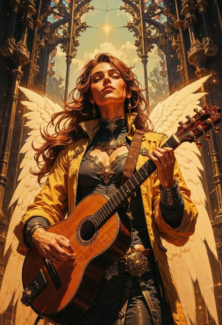 a highly detailed digital painting in a fantasy art style. The central figure is an angelic character with a flowing, golden-brown mane of hair cascading down their shoulders. They have delicate, translucent white wings with a soft glow, suggesting a divine or ethereal nature. The character's attire is regal and ornate, featuring a luxurious, light gold coat with intricate silver embroidery and a high collar. Underneath, they wear a dark, form-fitting tunic with gold accents, and a belt with a large, ornate buckle.
The angelic figure is holding a lute, a stringed musical instrument, with both hands, and appears to be in the midst of playing it. The lute has a polished wooden body with a golden bridge and strings. The character's eyes are closed, suggesting a state of deep concentration or serene focus.
The background is a grand, gothic cathedral interior with towering stained glass windows that filter in a kaleidoscope of warm colors, including gold, red, blue, and purple. The light streaming through the windows casts a divine glow on the character, enhancing the ethereal atmosphere of the scene. The overall mood of the painting is one of serene beauty and otherworldly elegance.
