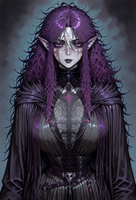 masterpiece, best quality, newest, absurdres, highres, 
ERIDV1.0, 1girl, goth, gothic, goth fashion, elf, coreset, messy hair, scar, scars, scar on face, fantasy, Purple hair, robe, cape, Purple eyes, grey skin, colored skin, grey colored skin,