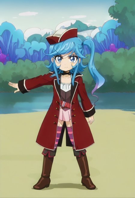 score_9, source_anime, masterpiece ,anime screencap, 1girl, solo, kamijo_epoch, blue hair, multicolored hair, side ponytail, blue eyes, red hat, black choker, red jacket, black wear, red belt, pink skirt, horizontal-striped thighhighs, brown boots,