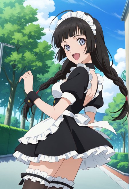 arms behind back,  from behind, looking at viewer, open smile,
cowboy shot, dynamic angle,  
BREAK,
<lora:kohak_illustriousXL_v03:1>
kohakrnd, black hair, twin braids, long hair, blunt bangs, ahoge, 
kohakmd, breast cutout, maid uniform, miniskirt, frilled skirt, apron, short sleeves, wrist cuffs, black cuffs, 
black thighhighs, black mary janes, frilled thighhighs,, source_anime, very aesthetic, anime coloring, masterpiece, 
best quality, amazing quality, ultra detailed, very aesthetic, 
detailed background, 
BREAK,, street, trees, clouds, day,