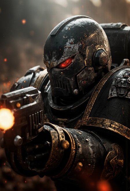 A dramatic close-up of a Space Marine from the Warhammer universe, his towering figure partially shrouded in dense, swirling black and brown smoke. He holds a chainsword menacingly close to his face, its brutal, serrated teeth vibrating with a low, menacing hum. The weapon’s jagged edges glint faintly in the dim, flickering light of a distant explosion, emphasizing its raw, destructive power.
The Marine's battle-worn helmet is overshadowed by the blade, its desolate, scarred surface marred by cracks and scorch marks from countless battles. A faint red glow emanates from his one remaining functional eye lens, piercing through the smoke like an unyielding beacon of war. The other lens is shattered, exposing a hint of his face—scarred, grim, and covered in soot, a testament to his endless struggle.
The purity seals on his armor are torn and stained, fluttering weakly in the choking air. Sparks and embers dance around him, illuminating the intricate yet battered details of his ornate power armor. The scene is steeped in tension and dread, as the surr of the chainsword resonates ominously, foreshadowing violence. Behind him, the faint light of distant artillery fire flickers through the haze, casting sporadic flashes across his imposing silhouette. The atmosphere is one of grim determination and merciless resolve, embodying the unforgiving brutality of the 41st millennium.