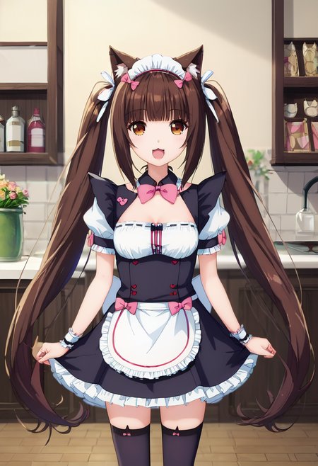PonyXLV6_Scores ,source_anime, original anime style, masterpiece,best quality, highly detailed,<lora:xl_more_art-full_v1:0.8>,cinematic,volumetric light,<lora:anime_screencap:1>fine anime screencap_xl, anime screencap
BREAK
 <lora:chocola:0.8>chocola 1girl, solo, long hair, looking at viewer, smile, open mouth, bangs, brown hair, thighhighs, bow, animal ears, twintails, brown eyes, very long hair, tail, short sleeves, :d, puffy sleeves, black thighhighs, cat ears, blunt bangs, bowtie, apron, puffy short sleeves, zettai ryouiki, wrist cuffs, maid, maid headdress, waist apron, animal ear legwear, cat ear legwear