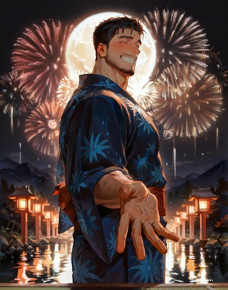 <lora:hanabitaikai:.5> hanabitaikai, aerial fireworks, colorful, yukata, laugh, smile, closed eyes, grin, happy face, closed mouth, blush,  reaching hands to the viewer, foreshortening, lake, mountain, lantern, from side, moon, dark, dark night, 
 (very short hair), male focus, muscular male, bara, mature, (hairy body, hairy, body hair, arm hair, leg hair, hairy body, glossy skin, bara, mature, facial hair, beard, full beard, sideburn, mustache, stubble), facial hair, bara, mature, body hair, aixiwuganda_(20222192), very awa, masterpiece, best quality, absurdres, newest, perfect quality, detailed background, intricate details,<lora:slider_Body Type_alpha1.0_rank4_noxattn_last:2><lora:Anime Summer Days 2 Style SDXL_LoRA_Pony Diffusion V6 XL:.6><lora:merged:.7>, DARK, DARK BACKGROUND, LOW-KEY LIGHTING <lora:slider_cfg_scale_boost:.7><lora:Artist6p:.55>, Artist6p, Artist04p,<lora:slider_il_brightness_slider_d1:-.5><lora:slider_il_contrast_slider_d1:-.25>,<lora:addon_illustriousXLv01_stabilizer_v1.121:.5>,<lora:slider_DarkSlider1.2_alpha1.0_rank16_full_300steps:-.3>