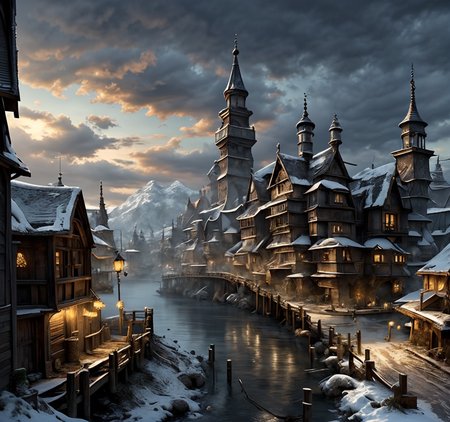 RAW photo, (masterpiece:1.3), subsurface scattering, heavy shadow, (high quality:1.4), (intricate, high detail:1.2), professional photography, HDR, High Dynamic Range, realistic, ultra realistic, photorealistic, high resolution, film photography, ambient lighting, atmospheric effects, <lora:detail_slider_v4:2>, OverallDetail,  <lora:Laketown:1>,1girl, bridge, building, cloud, cloudy sky, fantasy, house, laketown, lantern, outdoors, river, rooftop, scenery, sky, snow, window