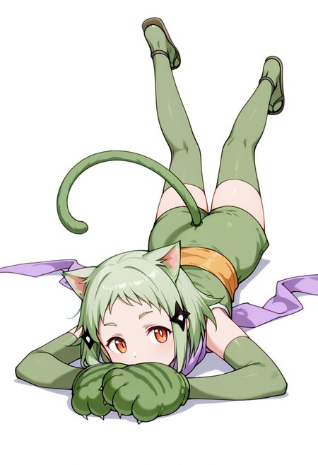 masterpiece,high quality details, absurdres, 
lying, hands behind head, knee bent, relaxed, casual,  ,
 <lora:Mao_Kusagakure:0.8>
mao_cnr, 1girl, green hair, short hair,orange eyes, cat ears,cat tail, cat paws,hair ornament, 
ninja, japanese clothes, kimono, sleeveless kimono,purple scarf,elbow gloves,green thighhighs, sandals,, . .,, simple background, white background, front view,solo,, pullover,tunic,board shorts,  ,mismatched legwear thighhighs,