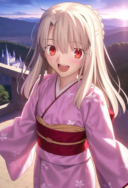 masterpiece, best quality, amazing quality, very aesthetic, absurdres, 1girl, 
Takeuchi takashi, illyasviel von einzbern, fate stay/night, red eyes, cowboy shot, happy, blush, child, castle, looking at viewer, kimono