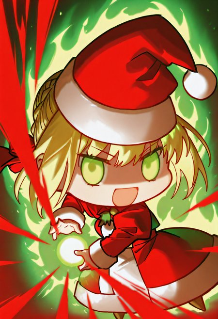 dramatic lighting, red theme, green theme, dutch angle, nero_claudius_(fate), fate_(series), blonde_hair, green_eyes, glowing eyes, :D, (looking at viewer), <lora:Padoru_IL:1>, Padorumeme, santa_dress, chibi, santa_hat, <lora:kamehameha-IL:1>, kamehameha, energy ball, aura