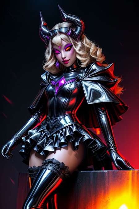 MEvil, DemonicT, EvlSM, Bad_End_Precure, DarkPrecure, adult, evil corrupted blonde princess wearing dark pastel (ruffled:1) (gleaming latex:1)  gown with (long latex cape:1) and latex elbow gauntlets, soft lighting, ruffles,
(makeup, lipstick, mascara, eyeshadow),
(blue skin, black sclera, colored sclera, colored skin, yellow eyes, demon wings, demon horns, slit pupils),
(red eyes, colored skin, glowing eyes, evil smile:1),
<lora:more_details:1>,