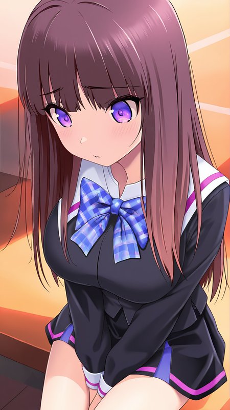 amazing quality,absurdres,best quality,masterpiece,highres,newest,detailed,detailed body,detailed face,masterpiece,best quality,solo,
kagari,1girl,solo,purple eyes,long hair,school uniform,skirt,brown hair,bow,<lora:kagari:1>,