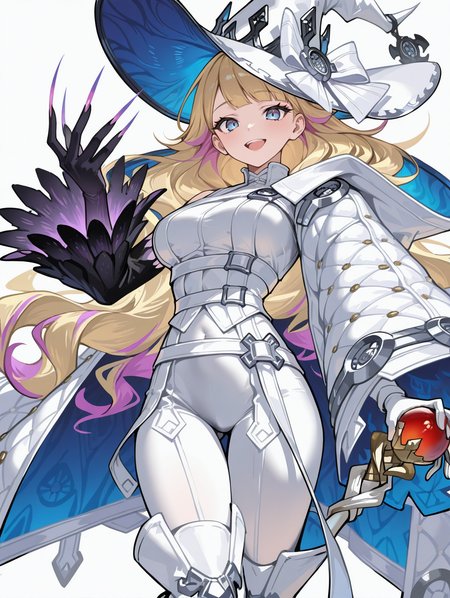 diabellze the original sinkeeper, 1girl, solo, smile, white background, looking at viewer, staff, open mouth, simple background, holding staff, medium breasts, white witch hat, white bodysuit, white coat, white thigh boots, single purple elbow glove, sketch, very long fingernails
masterpiece,best quality,amazing quality,very aesthetic,absurdres,newest,<lora:diabellstar the black witch and original sinkeeper illuXL v1.2:0.8>,