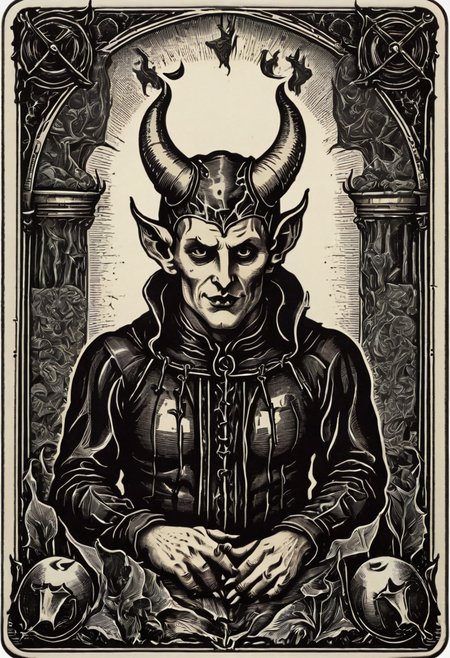 tarot_card, devil, front perspective, flat, frame,( square:1.1), (white outline:1.2)  <lora:tarot_card:1>