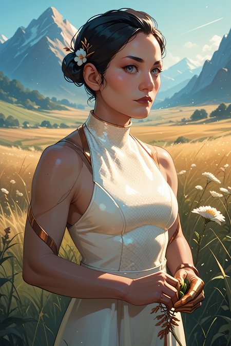 score_9, score_8_up, score_7_up, score_6_up
<lora:CyberHanako:0.8>
CyberHanako, 1girl, black hair, white eyes, hair updo, looking at viewer, standing in a field during the golden hour, hand gently brushing through tall grass, mountains in the distance, warm sunlight casting a glow, serene and connected to nature