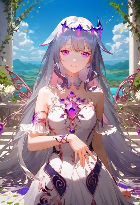 score_9, score_8_up, score_7_up, score_6_up, Expressiveh, ultra detailed, high resolution, absurdres, masterpiece, 
1girl, beautiful, aesthetic, dynamic pose, perfect hands, perfect anatomy, beautiful hand, happy, looking at viewer, petite, short, thin, slim, detailed face, beautiful face, detailed eyes, beautiful eyes, 
bijou, long hair, dynamic hair, silver hair, purple highlight, purple eyes, small breast, detailed outfit, embellished outfit, slim thigh, 
beautiful scenery, aesthetic scenery, detailed background,
depth of field, realistic, realistic background,