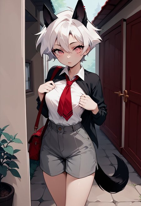 score_9, score_8_up, score_7_up, score_6_up, c1ca,1girl,adult,bare_legs, impossible_clothes, body_silhouette, adjusting clothes, eye_contact, perfect_breasts, lips parted, slim, short hair, pink eyes, white hair, animal ears, red piercing, black wolf tail,ruanyi1043, white shirt, red tie, grey shorts, fishnets, standing, cute_expression, outdoors,porch,doorway,