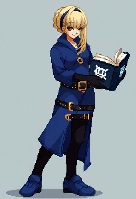 score_9, score_8_up, score_7_up, source_anime, BREAK, solo, 1girl, smile, looking at viewer, <lora:Guilty-Gear-SpritesV2-pdxl_Fp:1>, simple background, full body, pixel art, standing,  <lora:zs_MeropeV2XL:1>, meropep5x, blonde hair, hairband, braid, bangs, grey eyes, blue shirt, belt, black gloves, long blue skirt, black pantyhose, holding book, blue footwear,