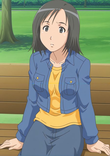 anime coloring,anime screencap,<lora:Fujisawa_Illustrious_from_The_invisible_Stud:1>,black hair,Fujisawa,1girl,black eyes, sitting on a bench, park