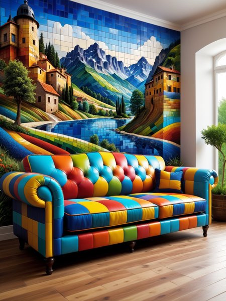 colorful sofa made of mad-tilestyle, in living room, photo of a landscape on the wall <lora:Colorful_Tile_Style_SDXL:0.6>, (masterpiece:1.2), best quality, (hyperdetailed, highest detailed:1.2), high resolution textures