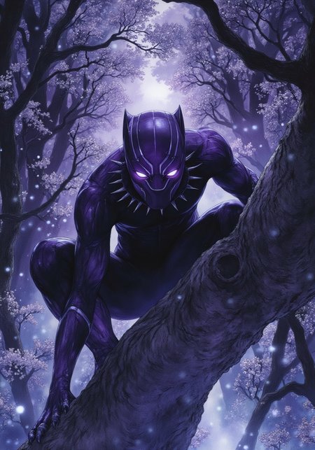 Studio Ghibli Dark Fairytale,  lackPanther, a man in a black body suit and a mask with purple eyes, shiny purple eyes, He is squatting on a tree branch, he waits for his prey, many trees around, the leaves of the trees are white, white petals fly through the air, the sky is purple, it is beginning to dusk, behind the trees a dim light begins to emanate, the image has a mystical and tranquility vibe,  View from a low angle showing the whole scenario, 