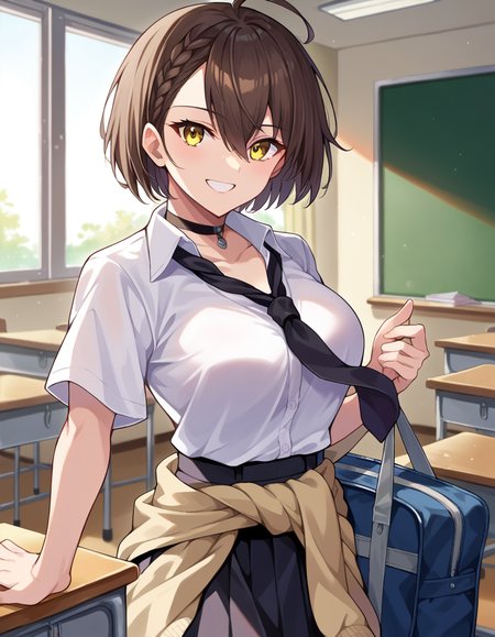 score_9, score_8_up, score_7_up, source_anime,
azurlanebaltimore, <lora:azur-lane-baltimore-ponyxl-lora-nochekaiser:1>,
baltimore, brown hair, yellow eyes, braid, ahoge, short hair, french braid, hair between eyes, bob cut,
beige cardigan, beige sweater, black choker, black necktie, black skirt, cardigan, cardigan around waist, choker, clothes around waist, collared shirt, loose necktie, necktie, official alternate costume, school bag, shirt, shirt tucked in, short sleeves, skirt, sweater, sweater around waist, tied sweater, white shirt,
indoors, classroom, smile,
looking at viewer, cowboy shot, dutch angle,