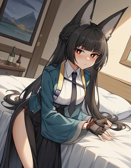 score_9, score_8_up, score_7_up, source_anime, miyabihoshimi, <lora:miyabi-hoshimi-ponyxl-lora-nochekaiser:1>, miyabi hoshimi,animal ear fluff, animal ears, black hair, bright pupils, fox ears, fox girl, half updo, long hair, red eyes, sidelocks, white pupils,, asymmetrical gloves, black gloves, black necktie, black skirt, blue jacket, collared shirt, fingerless gloves, gloves, high-waist skirt, jacket, long skirt, necktie, shirt, side slit, single fingerless glove, skirt, white shirt, wide sleeves,, indoors, bed, bed room, on side, blush, drunk, looking at viewer, solo, cowboy shot, dutch angle