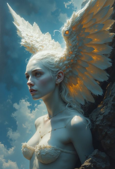 Angel, view from side, side view, view from above
splattered clouds,
Intricate Patterns, Ultra Detailed,
Luminous,
Radiance, Ultra Realism, Complex Details
intricate Details, 32k.
UHD, High Quality, Sharp Focus, Intricate
Details, Highly Detailed, amazing face, angel, perfect  face, white halo, huge white wings,  cleavage , close up view , looking away
