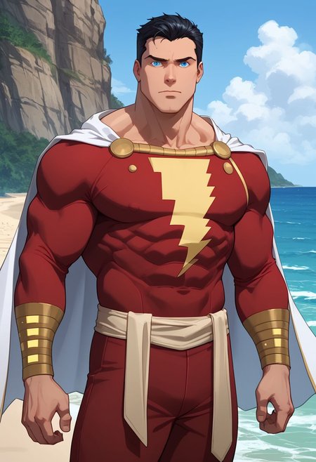 score_9, score_8_up, score_7_up, source_anime, beach, High Quality,  Shazam, black hair, blue eyes, red suite, white cape, hero suite, muscle body, standing, bulde,.