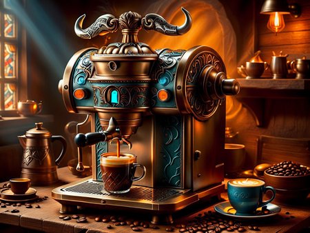 <lora:CulturePunkAI_3:.9> vikingpunkai
  coffee machine  Highly detailed, amazing, Impressive lighting, vibrant colors, Ultra Realistic, High quality, Highly detailed, trending on artstation, intricate detailed background