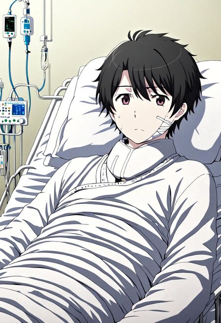high resolution, solo, best quality, 1Boy, Inaho Kaizuka, Black Hair, sick, bandage, helpless, patient, hospital, infusion, OverallDetail