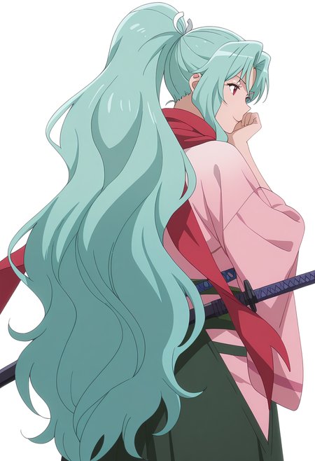 Smooth Quality,masterpiece, ultra realistic,
simple background, white background,
from behind,:>,head rest,
 <lora:Tomoecnn:0.8> sofia/cnn, 1girl, long hair, scarf, ponytail, red eyes, japanese clothes, katana, green hair, very long hair,