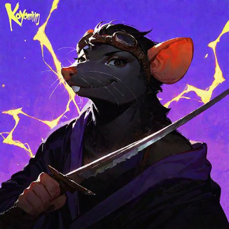 masterpiece, best quality, very aesthetic, absurd res, very awa, dynamic shot, purple background, nomax, style:koyorin, [artist:ciloranko],[[artist:ask(askzy)]],[[[[artist:modare]]]], (artist:honovy:0.5), 1boy, Skaven:1.4, upper body, solo, warrior rat, rat face, cute, smile, black fur, goggles, perfect hands, (buckteeth, rat incisors, half open eyes, rat nose, rat ears, rat incisors,) furry, anthro, bushido robes, (shoulder slip), holding sword, blades, fighting stance, yellow lightning, aesthetic, fantastic shadows,