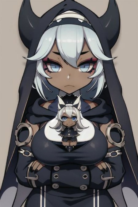 Devil, horns, body mods, chibi, huge breasts, thick thighs, muscular, ((dark tan skin)), white hair, ((navy hair streaks)), short spiky scene hair, slanted blue eyes,blue tribal cloud tattoos, non human, monster girl, bad ass, ((nun)), huge fluffy white scarf, (( hooded jumpsuit)), ((steampunk)), ((y2k aesthetic)), black, white, navy, light blue, 3d render, chibi, ((Kaeya Alberich inspired outfit)), poofy hair, eyeliner, emo, emo makeup, goth, wrench_genshin_style, chara-sheet