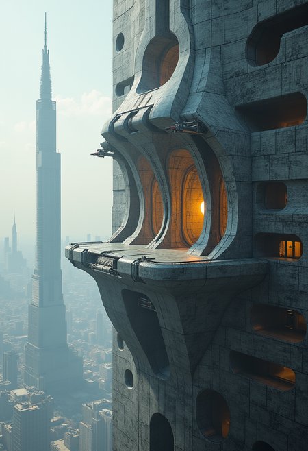 A masterpiece of sci-fi architecture style created by the collaboration of Hiroshi Yoshida and Zdzisław Beksiński.    The main objects in the image are composed of different materials. The right side of the main object is made of marble, while the left side retains its original material.Imagine a photograph that captures a mesmerizing sci-fi architectural masterpiece, a fusion of the visionary Japanese architect Hiroshi Yoshida's futuristic designs and Polish painter Zdzisław Beksiński’s dark and haunting elements. The main object in this image is a towering structure that stretches into the sky, reminiscent of Yoshida's work but with a foreboding touch from Beksiński.The photograph is taken from an unusual angle—a bird's-eye view looking down on the structure as it looms beneath us. This perspective emphasizes the grandeur and verticality of the architecture while also adding a sense of unease and mystery, fitting the combined styles of both artists.In this composition:- The right side of the main object is intricately detailed with smooth, polished marble, giving it a glossy and reflective quality. This side is adorned with intricate geometric patterns and metallic accents, evoking Yoshida’s futuristic and optimistic visions.- The left side, in stark contrast, retains its original, darker material—likely a rough, textured metal or concrete that Beksiński would have painted to appear almost organic yet menacing. This side features irregular shapes and organic textures, adding an element of decay and unease.The structure itself is a merging of different elements: it has the clean lines and geometric forms typical of Yoshida’s work but with the rough, almost sculptural texture from Beksiński. The marble side glows faintly under the low-angle light, creating a striking contrast with the shadowy, almost sinister left side.In the background, there are hazy, distant cityscapes or perhaps distant galaxies, blending the real and the surreal, further enhancing the sci-fi atmosphere. The overall effect is both awe-inspiring and slightly unsettling, capturing the essence of a collaborative masterpiece that transcends the boundaries between the mundane and the fantastical.    HD32K, hyperdetailed, best quality, aidmaMJ6.1.