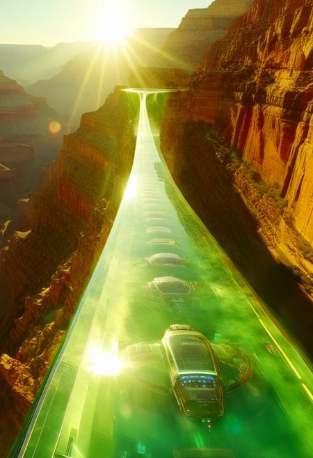 ()Hyoer Realistic, full color:2.0) depicting  
(The Grand Canyon’s Bright Angel Trail, Arizona 🇺🇸:2.0:)
BREAK ()Hyoer Realistic:2.0)Polaroid picture of luxurious, futuristic penthouse with transparent floors overlooking a thriving, sun-kissed metropolis. Sleek, minimalist interior with digital art adorning the walls. Expansive, curved window wraps around the exterior, offering an unobstructed view of the vibrant cityscape. Towering skyscrapers, sweeping highways, and glittering waterfalls cascade down green mountains. Silver spacecraft take off and land at the bustling spaceport, while grav-bikes and hovercars zip past. Capture the essence of this futuristic, high-end penthouse, where luxury and technology blend seamlessly to create the ultimate urban oasis."