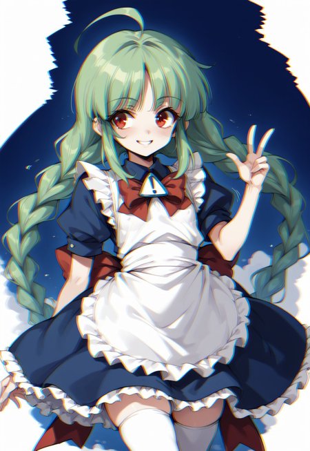 safe_pos, safe_pos, score_9, score_8_up, score_7_up, score_6_up, 1girl, solo, me-tan, bright green hair, ahoge, twin braids, blue dress, red bow, white apron, puffy short sleeves, flat chest, evil smile, red eyes, white thighhighs,  blue background, Retro glitch, dynamic pose, dynamic angle, dutch angle, glitchy, covered erect nipples, ((chromatic aberration:1.2)), bloomers
