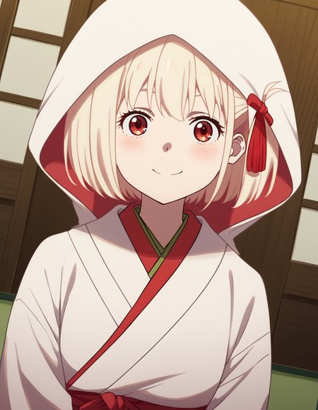 score_9, score_8_up, score_7_up, source_anime, chisatonishikigi, <lora:chisato-nishikigi-s1-ponyxl-lora-nochekaiser:1>, chisato nishikigi, short hair, bangs, blonde hair, red eyes, hair ribbon, one side up, bob cut,, <lora:uchikake-ponyxl-lora-nochekaiser:1>, uchikake, wataboushi, shiromuku, white kimono, hooded kimono, bride, japanese clothes, hood,, indoors, wedding, smile, blush,, cowboy shot, dutch angle, looking at viewer,
