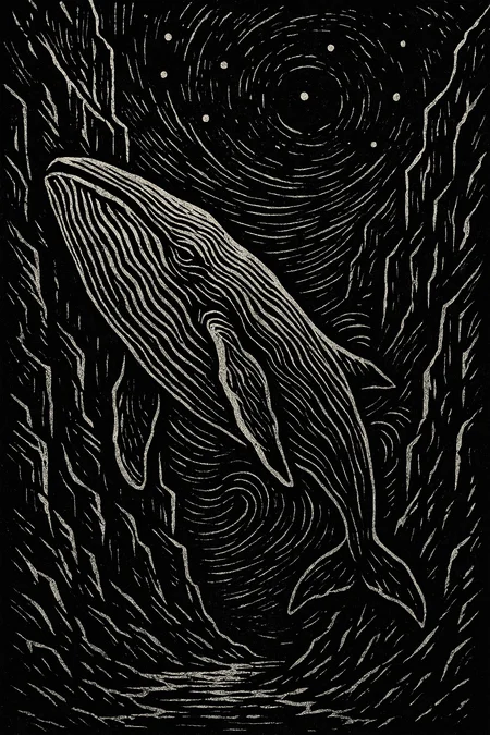 linocut-inspired stark carving style with high-contrast ink textures, rigid contour lines and negative space focus – a colossal whale floating through a nighttime canyon, body etched like layered woodcut topography, canyon walls stylized with harsh gouges and jagged black ridges, stars represented by perfect void circles, water is absent—motion shown only by curl-patterns behind the whale, visual storytelling via symbolic geometry
