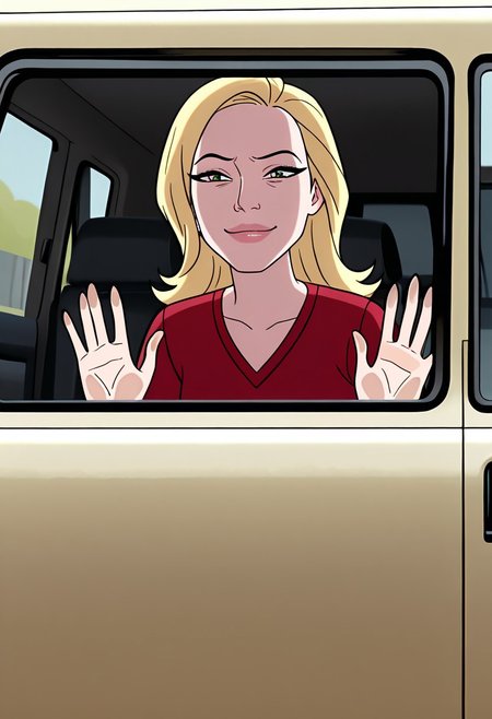 masterpiece, best quality, amazing quality, very aesthetic, absurdres, newest, ((screencap, parody, cartoon))
sandraten, blonde hair, 1girl, green eyes, lips,
 red shirt, long sleeves, makeup, v-neck
expressive face, 
smile, half closed eyes, car window, hands on glass, inside car,