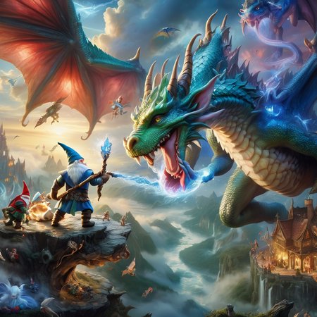 Fujifilm quality photograph (best quality)++, (masterpiece)++, (detailed)+, elf on the shelf fighting a Dragon, (fantasy illustration)1.3, enchanting Dragon battle elf on the shelf, mystical battle, (many gnomes battling)1.4 (whimsical charm).4 Otherworldly charm, mystical sky, (Luis Royo)1.2, (Yoshitaka Amano)1.1, moonlit night, soft colors, (detailed cloudscape)1.3, (high-resolution)1.2 (gnomes  battling everywhere)1.2 , <lora:DonM3t3rn1tyXL-v1.1:0.3> DonM3t3rn1tyXL <lora:DonMD1g174l4sc3nc10nXL:0.3> DonMD1g174l4sc3nc10nXL  <lora:Dragons:0.8> dragon  <lora:EnvyMagicalXL01:0.3> magical <lora:FantasyLandscape:0.8> FanLan