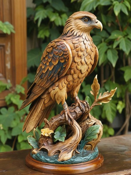 very detailed Hawk, awesome appearance, magical landscape with enchanted elements, fantasy art style, sandy beige, ocean blue, leaf green theme, intricate details, ultra sharp, exquisite detail, flawless composition, vivid colors, masterpiece, exciting background <lora:Wood Sculpture SDXL v1.0:1> 7-WoodSculpture
