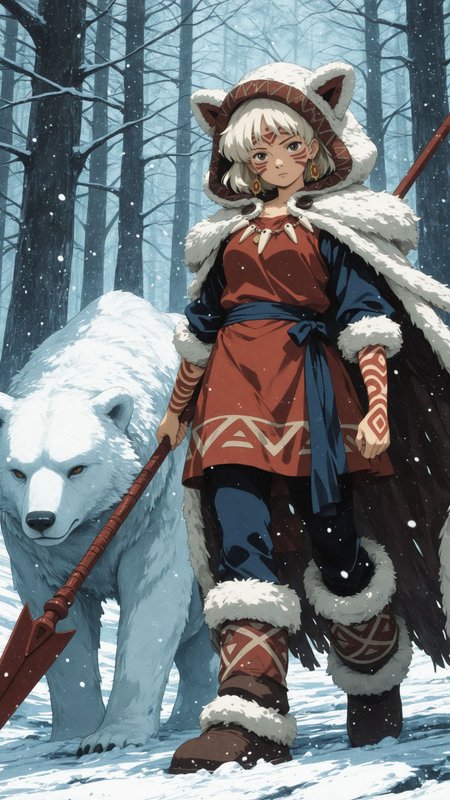 1woman, female, (studio ghibli \(style\):1.3), retro artstyle, (painterly:1.2),portrait, <lora:add-detail-xl:1>,
masterpiece,best quality,
platinum blonde hair, short hair, wavy hair, piercing brown eyes, detailed eyes, tribal face paint, red face paint, wolf shaped hood, fur trim, deep red tunic, battle outfit,large earrings, ornate earrings, bone necklace, fur-trimmed pants, fur boots, holding spear, wool cape, intricate patterns, floating cape, polar bear standing next to her, 
fierce expression, determined, intense expression, mystical forest backdrop, snowing, snow, trees, vibrant hand-painted anime style, intricate shading, bold outlines, high-detail illustration, cinematic lighting,
looking at viewer, facing viewer, wide shot, full body, walking,