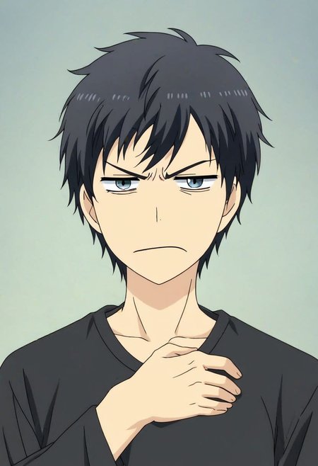 high resolution, solo, best quality, 1Boy, Arata Kaizaki, Black Hair, potrait, dark shirt, looking at viewer, focused gaze forward, simple background, straight body, upper body, head upright, disgust, OverallDetail