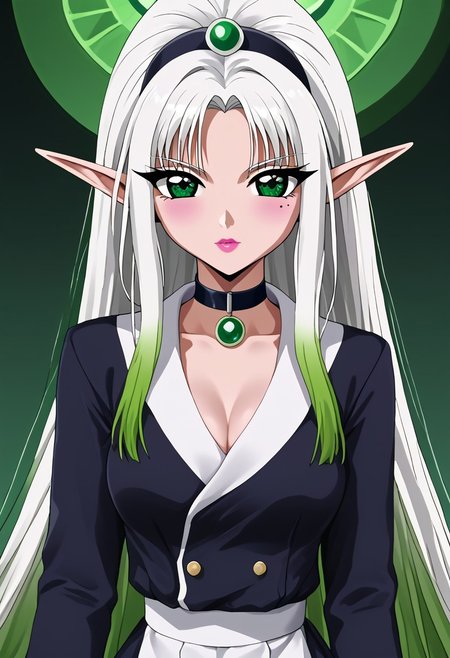 (masterpiece), best quality, expressive eyes, perfect face, 
1 Girl
(((White very long ponytail with Green ombre hair)))
(((White hair)))
(((Green ombre hair)))
(((Green gradient hair)))
((White and Green Multicolored hair))
((Hair between eyes))
((Green eyes))
((Elf ears))
((Pointy ears))
((Mole under eye))
((Medium breasts))
((White rose simple dress))
((Black jacket))
((Choker))
((Looking at viewer))
((Sitting in a lotus position))
((Serious face))
((T-pose))
((Night beach))
((Night))
((Green nail polish))
((Pink lips))
((Orange makeup))
((Elf earings))
