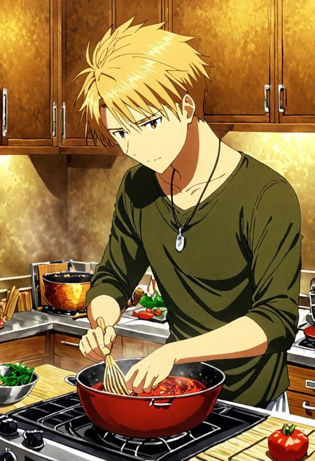 high resolution, solo, best quality, 1Boy, Yamato Ishida, Blond Hair, Necklace, cooking, kitchen, OverallDetail