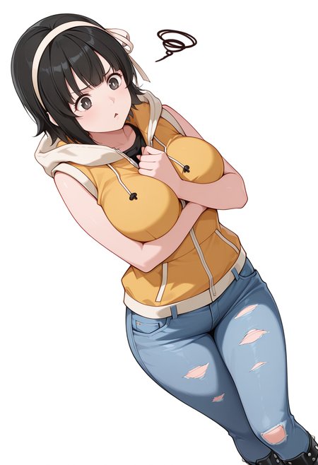 masterpiece,high quality details, ultra realistic, high detailed skin,absurdres,
arm between breasts,
 <lora:Arisa_Kusagakure:0.8> arisa_cnr, 1girl,black hair, short hair, bangs, black eyes, large breasts, hairband,, simple background, white background, dynamic angle,solo,, frustrated,depressed,, o o,, parka,undershirt,patched jeans,  ,studded legwear,