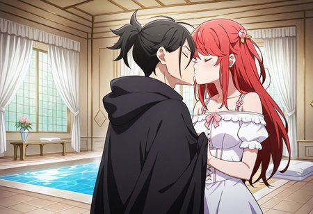 masterpiece, best quality, newest, absurdres, highres, detailed eyes, beautiful, detailed background, perfect eyes, anime coloring, anime screencap,
1girl, 1boy, hetero, facing another, kiss,standing, closed eyes, 
indoors, 
<lora:Theresia_van_Astrea_r1:1>Theresia_van_Astrea,
hair ornament,
long hair,white dress,
red hair,dress,flower,
hair flower,two side up,
t_theresia,red hair, 
white dress,
black hair, 
short ponytail, 
serious male, black dress,
black hood down, palace indoors, large room, bedroom, bathhouse, bed with curtains, large pool, hot water, steam, bed curtains, taking off clothes, tile floor, bath mats, towels, inflatable massage sheet, canopy bed, pillows, blanket, water, pool in center