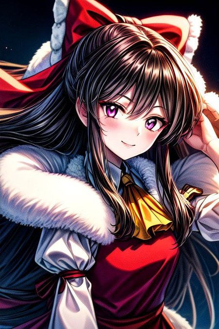 masterpiece,  best quality 1girl Setsun4 solo long hair,  (night time) forest background black hair very long hair purple eyes multicolored hair armor (fur trim) (medium body),<lora:EMS-179-EMS:0.800000>,<lora:EMS-293862-EMS:0.800000> bow, hair_bow, hair_tubes, red_bow, brown_hair, long_hair, bangs, sidelocks, ascot, brown_eyes, frilled_bow, yellow_ascot, blush, smile, hair_between_eyes