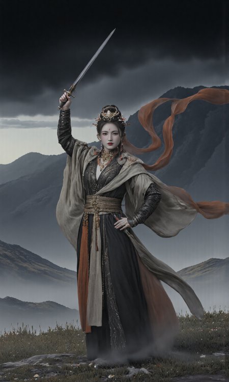 Top Atmosphere Photography Works, extremely realistic, Art by Zhang Jing, 
﻿
In ancient Chinese fantasy style, (a beautiful demonic holy woman/ jewelry, earrings, red lips, long sleeves, hair bun, shawl, ribbon, Phoenix Crown, Biyao, Jade Ornaments, Floral Ornaments, armor, Hair Pin, Hair Comb, Golden Forehead Ornament, Beaded Strands, feathers clothes, cleavage) (holding and rising a sharp sword/Dynamic posture, combat posture), confronts a group of male cultivators, 
The desolate grassland, overgrown with weeds, fluttering petals, and low hanging dark clouds make the scene full of epic heroic spirit, 
﻿
(photorealistic:1.5), (Extremely realistic, masterpiece, top quality, official art, best quality, beautiful and aesthetic:1.2), 4k, 8k, very rich details, 24bit colors, vivid colors, cinematic color grading, landscape,