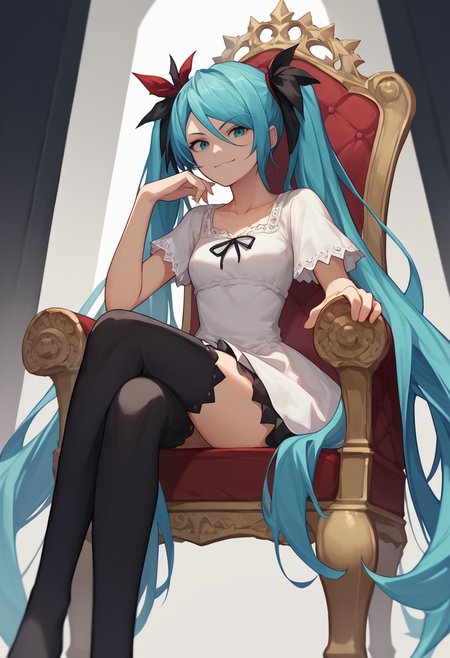 score_9, score_8_up, score_7_up, source_anime, solo, 1girl, worldisminemiku, smirk, looking at viewer, sitting, crossed legs, throne, twintails, hair ribbon, white dress, short sleeves, black thighhighs <lora:vocaloid_worldisminemiku_ponyXL:1>