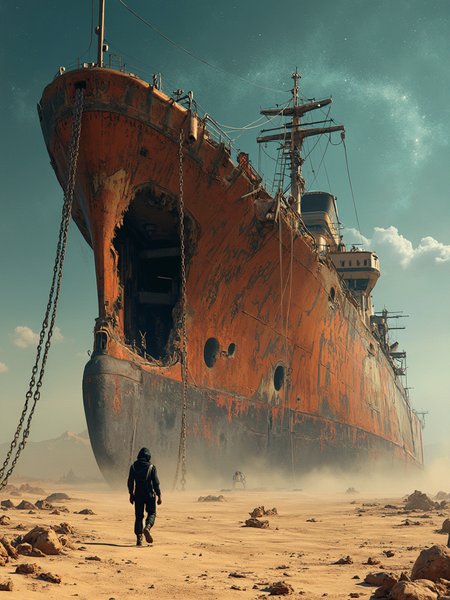 a surreal and post-apocalyptic desert scene. A massive, rusted ship lies stranded in the middle of a vast, barren desert. Galactic background, The ship's enormous hull looms over the landscape, towering over the scattered debris below. Chains hang loosely from the ship, adding to the sense of abandonment and decay. The side of the ship is damaged, with a large hole torn through its rusted exterior, revealing the interior.

A lone figure, wearing a black protective suit, walks towards the ship, dwarfed by its massive size. The figure’s posture suggests curiosity or determination as they move closer to the decaying structure.

The juxtaposition of a ship in a desert evokes a sense of mystery, as if the remnants of a long-lost civilization or event are being uncovered in an arid wasteland. The image suggests themes of isolation, decay, and a world far removed from the familiar.
